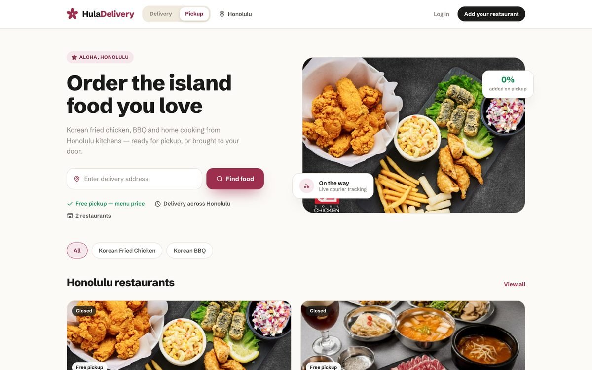 Hula Delivery ordering page with Honolulu restaurants